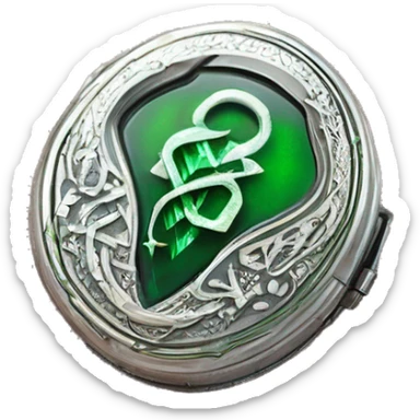 The Slytherin locket is a heavy, ornate piece of jewelry made of silver, with a large green "S" on its front. It is enchanted to contain a fragment of Voldemort's soul, making it a Horcrux, and it possesses the ability to bring out negative emotions in sticker