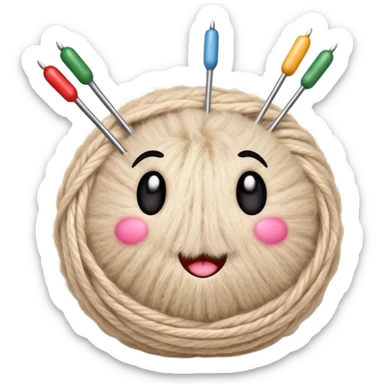 ball of beige mohair wool with knitting needles, needles have expressive emoji faces sticker