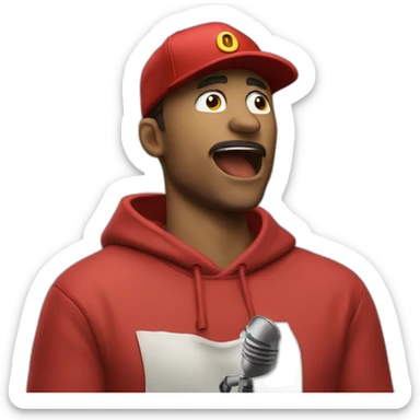 forty-something man with a red cap and a red sweatshirt raps into a microphone sticker