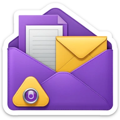 simple, minimalistic yellow (hex#FFD008) and purple (hex#8C52FF) icons of a pin, a working case, a folder, a magnifier, an email, an envelope sticker