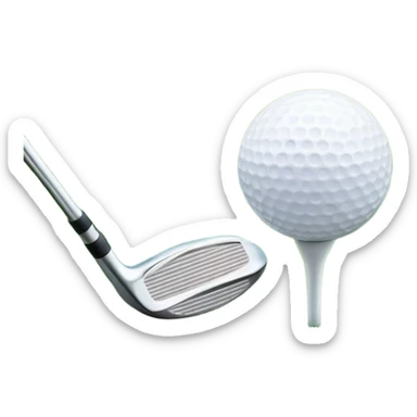 A golf ball on a tee, with a golf club placed beside it on the lush green fairway. The background shows a serene golf course with neatly trimmed grass and a clear blue sky, emphasizing the elegance and precision of the game. sticker