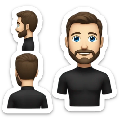 White man with a slight sun kissed tan, blue eyes and dark brown hair. He has a beard and mustache trimmed. Wears black clothing and wears his hair styled sideways backwards. sticker