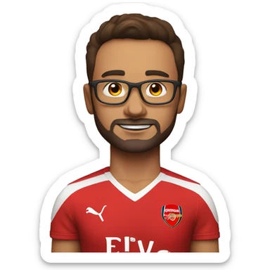 man. mid 30 age, arsenal shirt all red, glasses, short brown hair, no facial hair,  arms up sticker