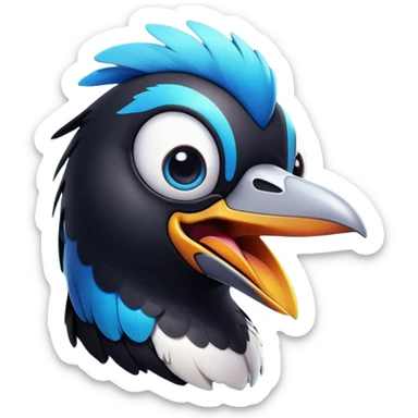 Cinematic Comical Magpie Portrait Emoji, Head tilted dramatically with an exaggeratedly shocked expression, featuring a vibrant, glossy form with wide, comically expressive eyes full of playful disbelief and a subtly animated beak, Simplified yet hilariously expressive features, highly detailed, glowing with a slightly sassy urban glow, high shine, dramatic yet playful, stylized with an air of cheeky mischief, soft glowing outline, capturing the essence of a meme-worthy magpie that looks ready to side-eye its way into viral fame! sticker