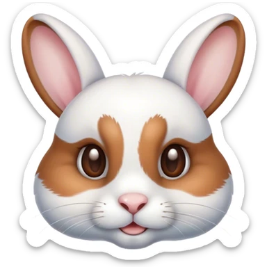 Cinematic Cute White and Brown Rabbit Portrait Emoji, Head tilted playfully and inquisitively, featuring a silky fur with a delicate mix of white and brown patches, round, sparkling eyes filled with curiosity, Simplified yet irresistibly adorable features, highly detailed, glowing with a warm, friendly glow, high shine, affectionate and lively, stylized with a touch of whimsy, bright and endearing, soft glowing outline, capturing the essence of a mischievous yet loving bunny, so playful it feels like it could hop out of the screen and into your arms! sticker