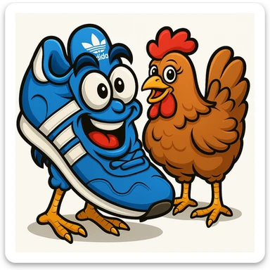 Make the blue Adidas sneaker with a face and chicken legs much more caricatured, exaggerating the features and expressions, while maintaining the emoji style look. sticker
