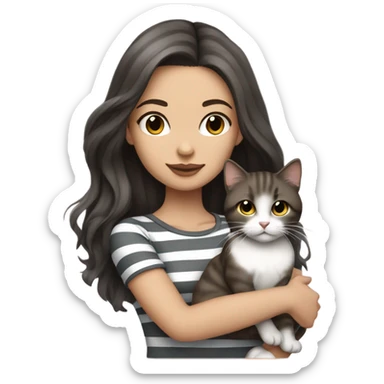 Beautiful dark brown haired tattooed woman holding gray and white striped long hair cat sticker
