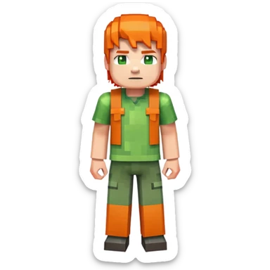 Minecraft Alex character full body with orange hair and green outfit, pixelated blocky style sticker