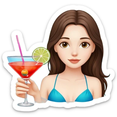  beautiful pale brunette girl with long hair relaxing in the pool with a cocktail  sticker