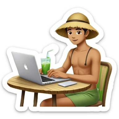 A digital nomad sits at a rustic open-air café in Bali, working on a sleek laptop while sipping coconut water, surrounded by lush green rice terraces and swaying palm trees sticker