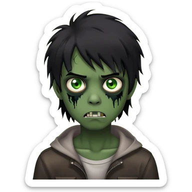Boy, zombie, black hair, medium long, emo, shaggy, dark, spooky, creepy expression, green eyes sticker