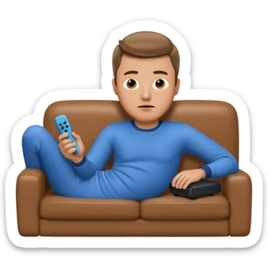male memoji, lazy man in pajamas, lying on couch, holding TV remote, relaxed bored face, casual home vibe sticker