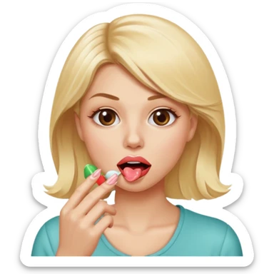 Elle fais une peu petasse, elle se mord le coin de la lèvres. Elle est blonde. Ongles vernis marrons. Elle mâche un chewing-gum  sticker