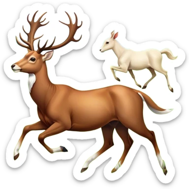 Icon for Hoofed Animals: A vibrant collage featuring a graceful deer with elegant antlers, a strong horse galloping in the wild, and a gentle goat nibbling grass. The background includes soft green meadows and rolling hills. Transparent background. sticker