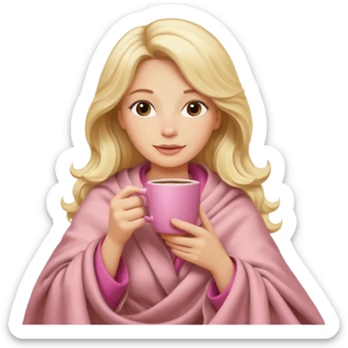 Blonde long wavy hair lady inside a beige blanket sipping coffee in pink cup sticker
