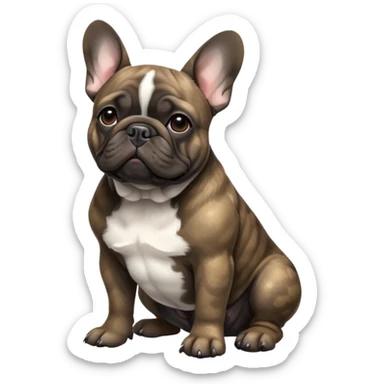 cinematic-[french bulldog]-realistic-full-body-sitting-emoji,-tail-resting-loosely-beside-its-paws,-head-tilted-dramatically,-sleek-[solid brindle]-fur,-simplified-yet-realistic-focused-features,-highly-detailed,-glowing-with-an-almost-sarcastic-glow sticker