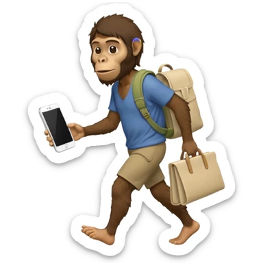 Draw an Australopithecus walking like a nomad, carrying a cloth bundle on its back and holding an iPhone in one hand and an open laptop (screen visible) in the other, in a cute flat iPhone emoji style sticker