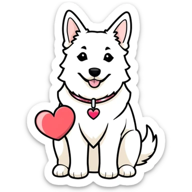 white Swiss Shepherd dog with a Glitter collar . ober the Dog ist a heart sticker