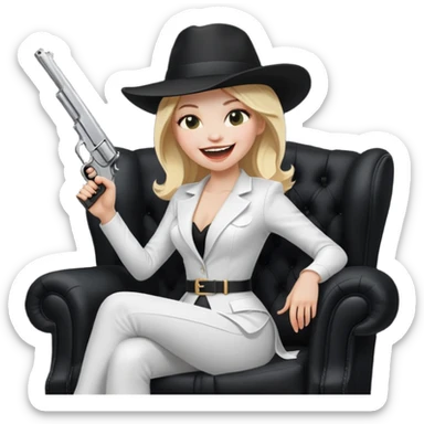 Mafia blondes Laughter woman in hat , gun ,black armchair , white costume  sticker