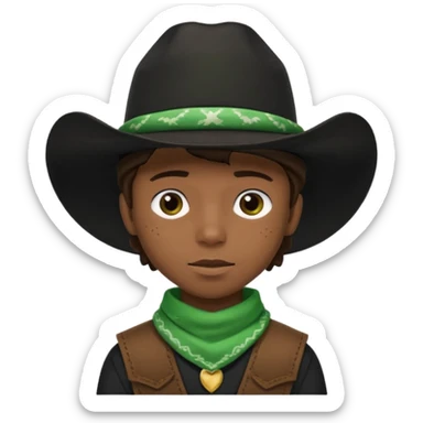 Black boy in black top wearing a black cowboy hat with green bandana around his neck sticker