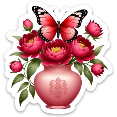 Delicate butterfly with Ruby and Wine Red wings perched on a Fiery Red bouquet of Peonies in an elegant Pastel Rose vase, bathed in warm, soft lighting. sticker