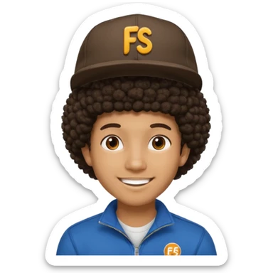 young black male with afro hair, smiling, wearing a cap with 'FS' logo sticker