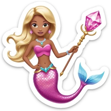 Brown skin blonde hair barbie mermaid with pink diamond tail and wand  sticker