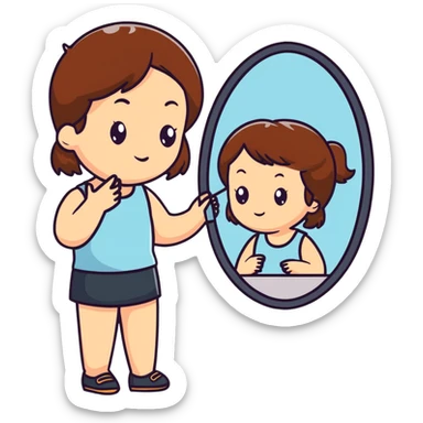 White girl with brown hair checking herself in a wall mirror sticker