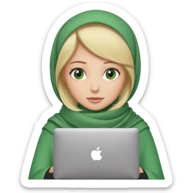blond women skine , with green eyes , with scarf hijab , heid the hair, with macbook sticker