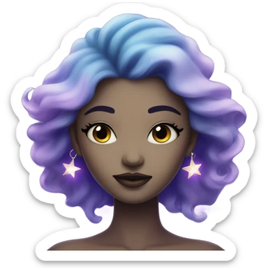 mystical woman with white skin with sparkling galaxy hair with moon and stars in purple and blue shades sticker