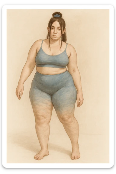Realistic anatomical illustration of a woman with mild hip asymmetry, water retention, and cellulite, viewed in a soft, educational, body-positive way. sticker