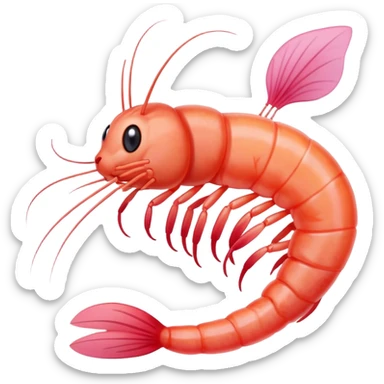 A pink shrimp with a cat's head, shrimp body and tail with cat face sticker