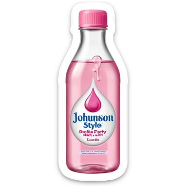 realistic Johnson and Johnson style bottle pink cap pink label clear bottle with berry party written on the logo with diddy logo bottle leaking oil from the top sticker