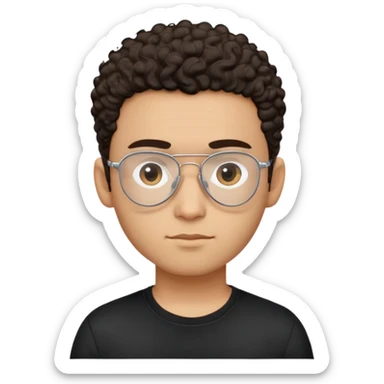 Latino man with light brown complexion, small face and prominent forehead, teardrop-shaped aviator glasses, totally shaved sides with very minimal dark curly hair only on top, gentle expression, simple black t-shirt sticker