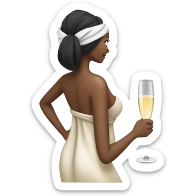 Girl with towel wrapped around her head and body holding a champagne glass in black high heels  sticker