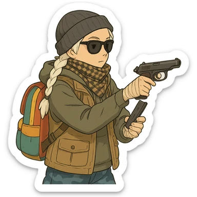 1 female, long white braid, knit cap, dark sunglasses, shemegh neckwrap, fishing vest, vibrant shool backpack, drab hoodie, handwraps, blue camo pants, executing a tactical reload of a makarov pistola sticker