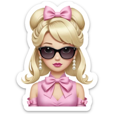 A woman with light blonde hair styled in a large bow-shaped updo.  The hair has bangs and is very long, cascading down her shoulders.  The woman is wearing large, dark, square-framed sunglasses.  Her makeup includes light pink lipstick and subtle eyeshadow.  A strand of pearls is visible around her neck.  She is likely of Caucasian ethnicity.   sticker
