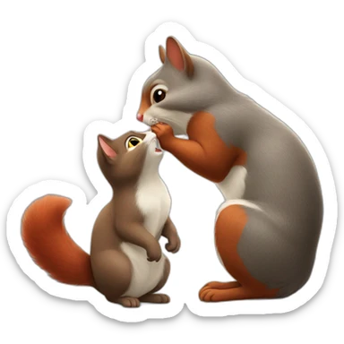 grey cat kisses a red squirrel sticker