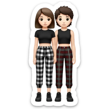 white girl with short brunette hair and eyelashes a little long with a black crop top and black and white plaque pants on top of a white boy with brunnete fluffy hair and long black shirt on and black and white plaque pants. sticker