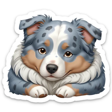 Cinematic Chubby Sleeping Blue Merle Australian Shepherd Portrait Emoji, Chubby and serene, with a round, adorable build and a soft blue merle coat accented by crisp white patches, eyes gently closed in peaceful slumber, Simplified yet irresistibly endearing features, highly detailed, glowing with a gentle, dreamy glow, high shine, relaxed and content, stylized with a touch of whimsy, bright and heartwarming, soft glowing outline, capturing the essence of a blissfully sleepy herder, so comically serene it feels like it could roll out of the screen and snore with adorable charm! sticker