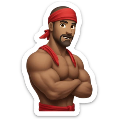 muscular man in red bandana standing sideways turns his head to the viewer,his left hand is bent in the elbow,torso sticker