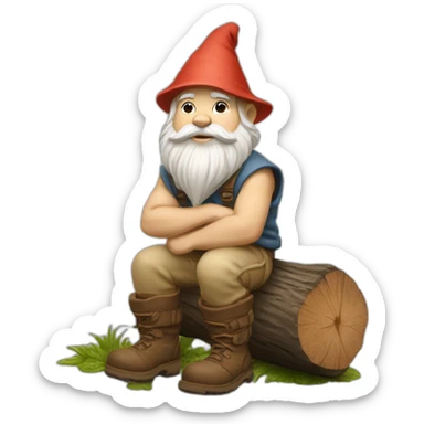 side angle of gnome with light tan pants and light tan boots squatting in front of small brown log sticker