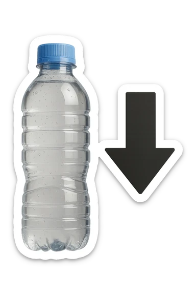 bottiglietta d'acqua con freccia giù fluttuano in aria iperrealistici sticker