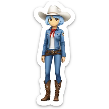 Rei ayanami in a cowboy costume, teen, full body. Only front view, no expression on the face. Make it genZ, stylist and cool, super realistic sticker