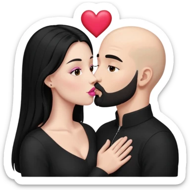 👩🏻‍❤️‍💋‍👨🏻 this one but the man should be bald. white woman with long black hair and white bald young man whoitiut hair and a heart between their heads. she has pink lips and both have brown eyes. he has e full beard but short. both wear black. they kiss slowly sticker