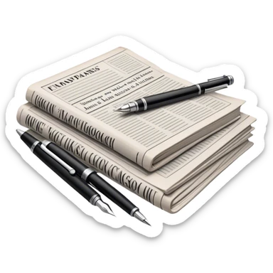 Create an emoji representing journalism and publicistic writing. The design should feature a stack of newspapers, an open notebook with visible text, and a single fountain pen placed near the notebook, symbolizing the act of writing. Use neutral, professional colors like black, white, and muted tones to convey a sense of seriousness and intellect. Do not include any emojis or smiley faces. Make the background transparent. sticker