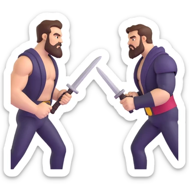 superhero comic cover with bearded hero facing off against razor-wielding villain, dramatic lighting sticker