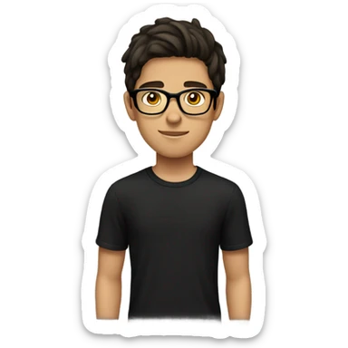 teenage boy with dark brown hair and black t shirt with glasses sticker