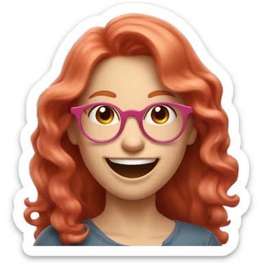 Pale, Long Wavy haired red head, girl with pink circular glasses glasses laughing and pointing sticker