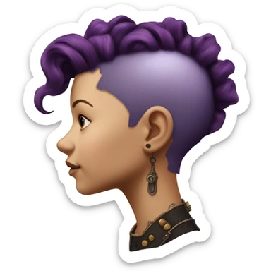 Photorealistic steampunk profile short mohawk purple wavy  on Caucasian girl with small nose round face sticker